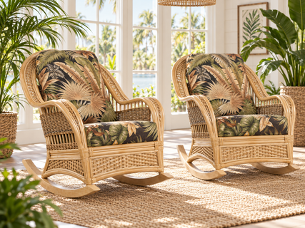 Quickship In Stock Tropical Breeze Rocker Set of Two With Waverley Bahamian Breeze Coal Fabric