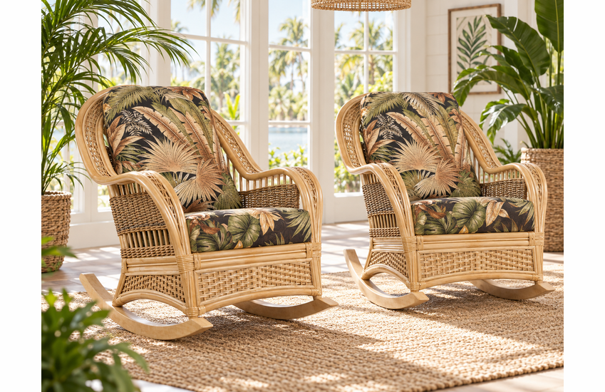 Quickship In Stock Tropical Breeze Rocker Set of Two With Waverley Bahamian Breeze Coal Fabric