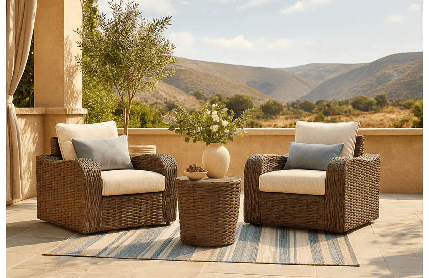 Sandy Bloom Outdoor Patio Wicker Set of 3 - 2 Chairs, 1 End Table
