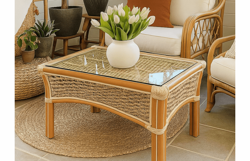 Spice Islands Islander Rattan Coffee Table With Glass Top (Perfect For Smaller Areas)