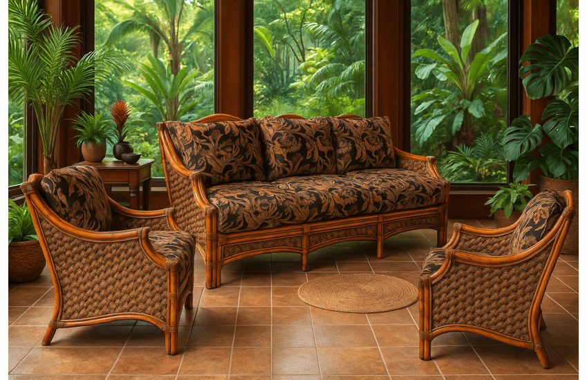 Spice Islands Mauna Loa Brownwash Rattan Set Of 3: 2 Chairs and Sofa