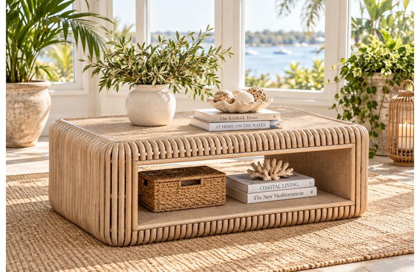 Braxton Culler Tulum Rattan Coffee Table With Bottom Shelf (Available in 30 Finish Choices)