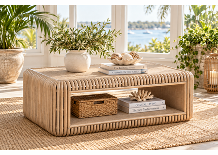 Braxton Culler Tulum Rattan Coffee Table With Bottom Shelf (Available in 30 Finish Choices)