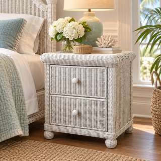 Wicker 2 Drawer Nightstand with glass top-Elana collection
