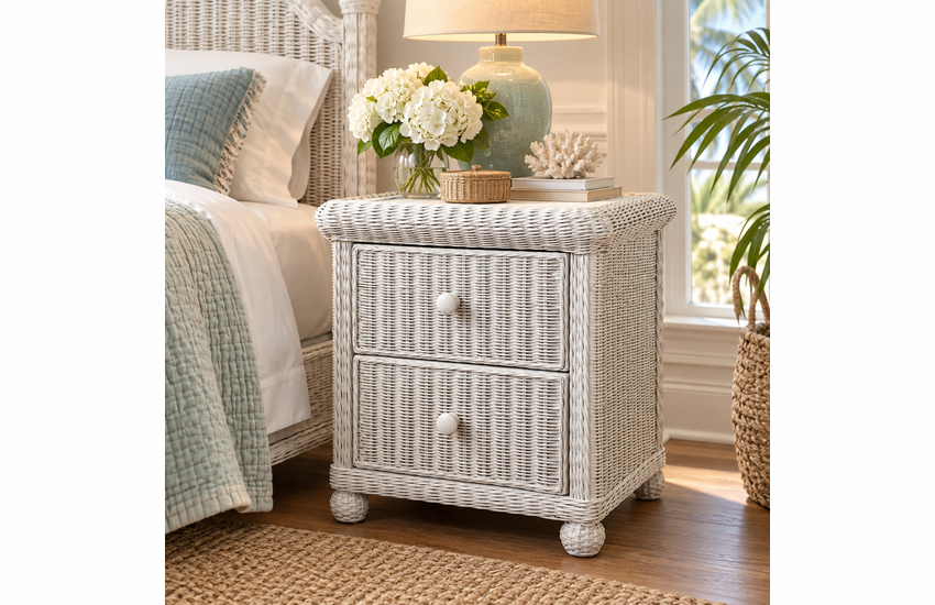 Wicker 2 Drawer Nightstand with glass top-Elana collection
