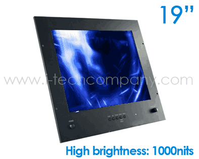 10U Rackmount/Panel Mount with Resistive TouchScreen and Full IP65/NEMA4 Water Proof 19" LCD 1280 x 1024, high Brightness 1000nits , Operating Temp. 0 C to 50C, video input RCA, S-Video, RGB, 12kg with Dimming control nob at front (Model: LMR-1900HBTR)