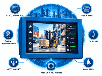 12.1" 400nits Rugged Vehicle-Mount LCD Anti-Corrosion Treatment with VGA, HDMI, 5-wire Resistive Touch