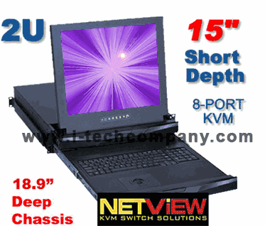 15" LCD Monitor Rack: 2U Short-depth Rackmount LCD w/ 8-port  USB KVM  Keyboard Drawer optional Touch Pad (Model: NVP2415-S801e) & Trackball (Model: NVP2415-S801b)