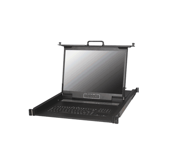 1U 17.3" Rackmount Rugged LCD Keyboard drawer 1920 x1080, Support up to 1920 x 1200, 400nits, Sealed 104-keys IP65 silicone USB only keyboard and touchpad with backlight, Front EMC glass, with 8 ports DB-15 combo KVM switch + Internal power supply with universal / Auto-Sensing, 100-240V AC 50/60Hz via 3 pins lock connector