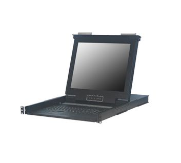 1U 17" LED 1280x1024 Single Slide LCD 104 Keyboard touchpad, 250nits. with KVM RGB 16 port combo PS/2 and USB KVM switch, 125VDC Terminal Block "+" and "-". chassis depth 630m/25" Deep* Include 16 pcs of AB-6 (1.8meter 2-in-1 KVM Cable-USB&VGA) cables, Includes VGA + USB KVM cables 6ft long total of 16 pcs.