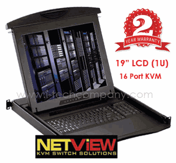 1U Rack Mount 19" LCD Keyboard Drawer 16-port PS/2 KVM Switch, 2 consoles (Local + Remote Via CAT 5 Extenders) . Model:(NX119CE16e ) w/ Touch-Pad & ( NX119CE16b ) w/ Trackball