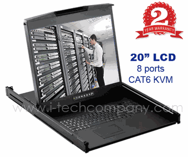 1U Rack Mount 20" LCD Monitor Combo KVM Keyboard Drawer w/ 8-port CAT6 KVM switches (Model: NVP120C8e) with Touch Pad.