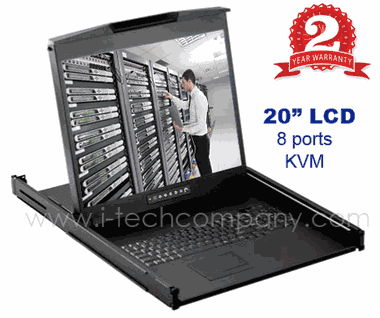 1U Rack Mount 20" LCD Monitor Combo KVM Keyboard Drawer w/ 8-port switches, 2 consoles (1 x local; 1 x IP) (Model: NVP120IP8e) with Touch Pad.
