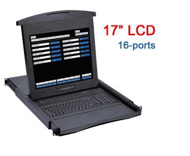 1U Rackmount 17" LCD 16-ports Terminal RS232 Keyboard shelf Drawer with Remote IP Access using SSH or telnet. Model (NXT11716)