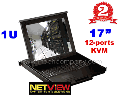 1U Rackmount 17 TFT SAMSUNG  LCD Monitor w/notebook keyboard & touch-pad mouse Drawer, with 12-port DVI + Audio KVM switch, with 104 key notepad keyboard w/ Trackball ( b ), with NC-6:  6pc 6ft long DVI +USB+ Audio KVM Cables. 22.8" Deep only (Model: NVP117-D12e)