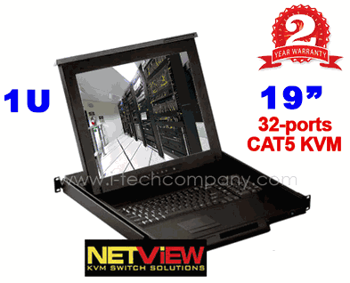 1U Rackmount 19" LCD Monitor w/ 32-port CAT5 KVM Switches Keyboard Drawer . Model:(NVP119C32e) w/ Touch-Pad & (NVP119C32b) w/ Trackball, all 32ports CAT5 KVM comes with (Model: IF-DUSB) 16pcs