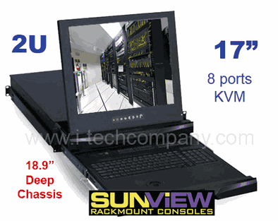 2U 17" LCD Sun Compatible Keyboard, 3-Button Trackball, Numerical Keypad with USB Connections, 8- ports PS/2 and USB KVM switches
