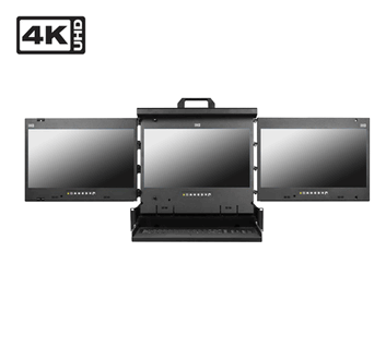 2U 3x 17.3" LCD chassis 22" Short Depth Design Triple Display Console Drawer Signal input per screen : VGA + HDMI + DP 4K Native Resolution / 104-key keyboard with Touchpad, + 24VDC Terminal Block + and -