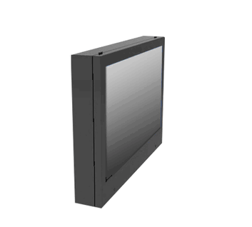 50"- 57" Black Powder Coated Steel Enclosure including Flush Mounted Keyed Compression Locks, 2 3/8" Grommet for Cable Entry, LCD Mounting Brackets, Shatter Proof Lexan Window, and Fan and Filter System. Enclosure is Theft, Dust, and Water proof (NEMA 4 Rated)