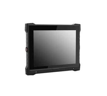 IP64-rated rugged build, a Freescale i.MX6 quad-core 1 GHz platform, a 9.7-inch 1024768 IPS touch display, a 7.4 V 5000 mAh battery, multiple I/O options including RS232/485/422, GPIO, CAN and LAN, sensors and OTG/TF/USB support, PoE with gigabit Ethernet, and connectivity options spanning 2G/3G/4G, Wi-Fi, Bluetooth, GPS, and a camera.