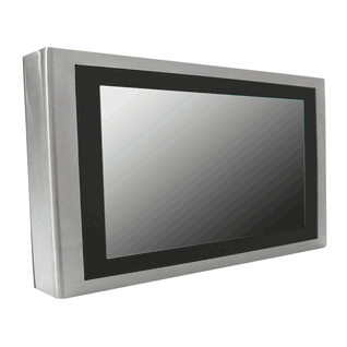 Fanless 21.5 Fully IP65 stainless steel panel PC with true flat PCT T/S, i3 4010U , 2 x USB , 2 x RS232  2 x GLAN , 1 x 124V DC in PW, external heatsink, VESA 100 x 100 & Yoke mount, Res : 1920 x 1080 dpi (Model: KSPW2150-i3-FPCAP-24)
