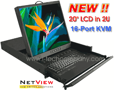 Rack Mount LCD Monitor & Keyboard 16-Port KVM, 2U 20" Monitor w/ optional Touch Pad (Combo Free PS/2 or USB) (NVP22016e/ NVP22016t) & Trackball (NVP22016b / NVP22016d / NVP22016c)