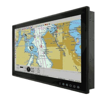 Rugged 26" Marine Panel Mount LCD Display IP65 1920 x 1080, 350nits, 0-100% Dimming, wide Temp -10 to 55C and 24V DC, RS232 Control, VGA+DVI-D. Anti-vibration 0.7g@DNV2.4 (Class A)  Anti-Shock 15G, 11ms duration. Capacitive touch keys for quick function access and display control. (Support ECDIS DAY, DUSK, and NIGHT mode switching), Compliant with marine standards (DNV2.4, IEC 60945 4th, IACS-E10) (Model: WPM-MAR-W2600A1F-PCT10)