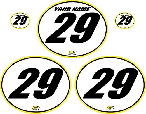 Factory Ride Vintage Oval Number Plates - White backgrounds - Bright Yellow Pro Pinstripe - Impact Slant