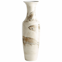 Cyan Playing Koi Vase - Tan and Ivory - 09883