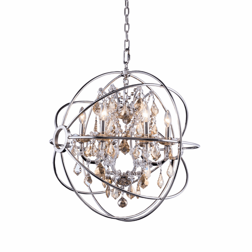 Elegant Geneva 6-LT Polished Nickel Chandelier Golden Teak Royal Cut Crystal - 1130D25PN-GT/RC
