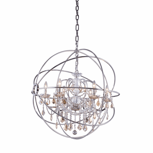Elegant Geneva 6-LT Polished Nickel Chandelier Golden Teak Royal Cut Crystal - 1130D32PN-GT/RC