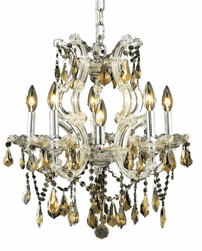 Elegant Maria Theresa 6-LT Chrome Chandelier Golden Teak Royal Cut Crystal - 2801D20C-GT/RC