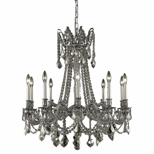 Elegant Rosalia 10-LT Pewter Chandelier Golden Teak (Smoky) Royal Cut Crystal - 9210D28PW-GT/RC