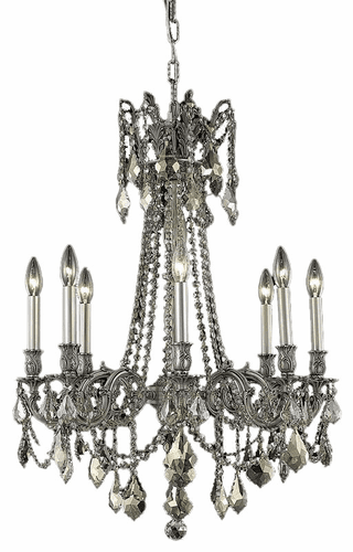 Elegant Rosalia 8-LT Pewter Chandelier Golden Teak (Smoky) Royal Cut Crystal - 9208D24PW-GT/RC