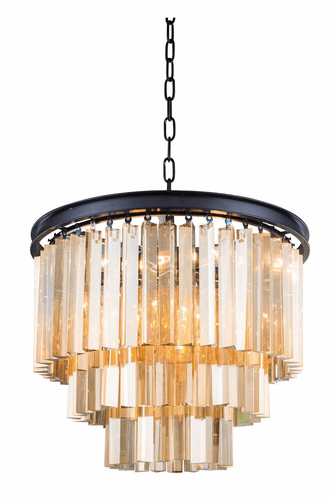 Elegant Sydney 9-LT Matte Black Chandelier Golden Teak (Smoky) Royal Cut Crystal - 1201D20MB-GT/RC