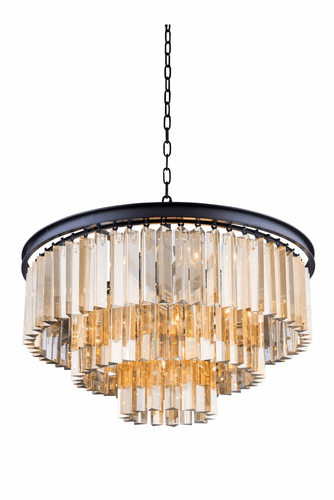 Elegant Sydney 9-LT Matte Black Chandelier Golden Teak (Smoky) Royal Cut Crystal - 1201D26MB-GT/RC