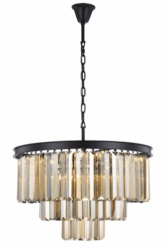Elegant Sydney 9-LT Matte Black Chandelier Golden Teak (Smoky) Royal Cut Crystal - 1231D26MB-GT/RC