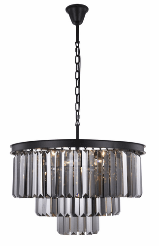 Elegant Sydney 9-LT Matte Black Chandelier Silver Shade (Grey) Royal Cut Crystal - 1231D26MB-SS/RC
