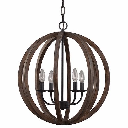Feiss Allier 4-LT Pendant Fixture - Weathered Oak Wood/Forged Iron - F2935/4WOW/AF