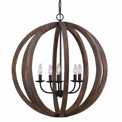 Feiss Allier 5-LT Large Pendant - Weathered Oak Wood / Forged Iron - F2936/5WOW/AF