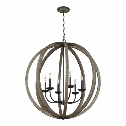 Feiss Allier 6-LT Pendant Chandelier - Weathered Oak Wood/Iron - F3186/6WOW/AF