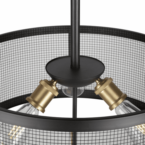 Forte Takoma 19.5" 3-LT Wire Mesh Drum Pendant - Black and Soft Gold - 7119-03-62