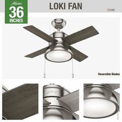 Hunter Loki 36" Ceiling Fan w/LED Light - Brushed Nickel - 51040