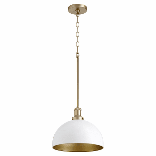 Quorum 12" 1-LT Dome Pendant - Studio White w/Aged Brass - 876-0880