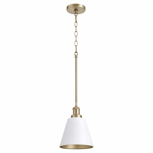 Quorum 8" 1-LT Cone Pendant - Studio White w/Aged Brass - 877-0880