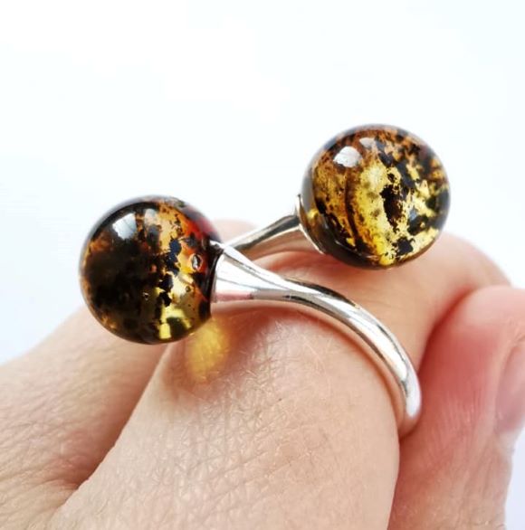 Adjustable Green Baltic Amber Silver Rings. Green Amber Rings.