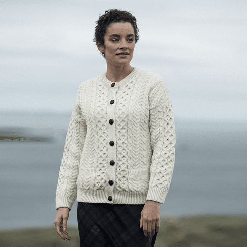 Women's Irish Aran Wool Lumber Jacket Cardigan Sweater | Saol | Keilys.com