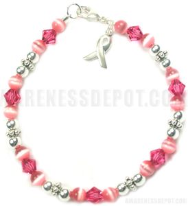 Breast Cancer Swarovski Crystal, Cats Eye and Sterling Silver Bracelet