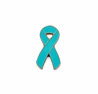 Ovarian Cancer Awareness Ribbon Lapel Pin - Teal & Gold Pewter Support Pin - View #2