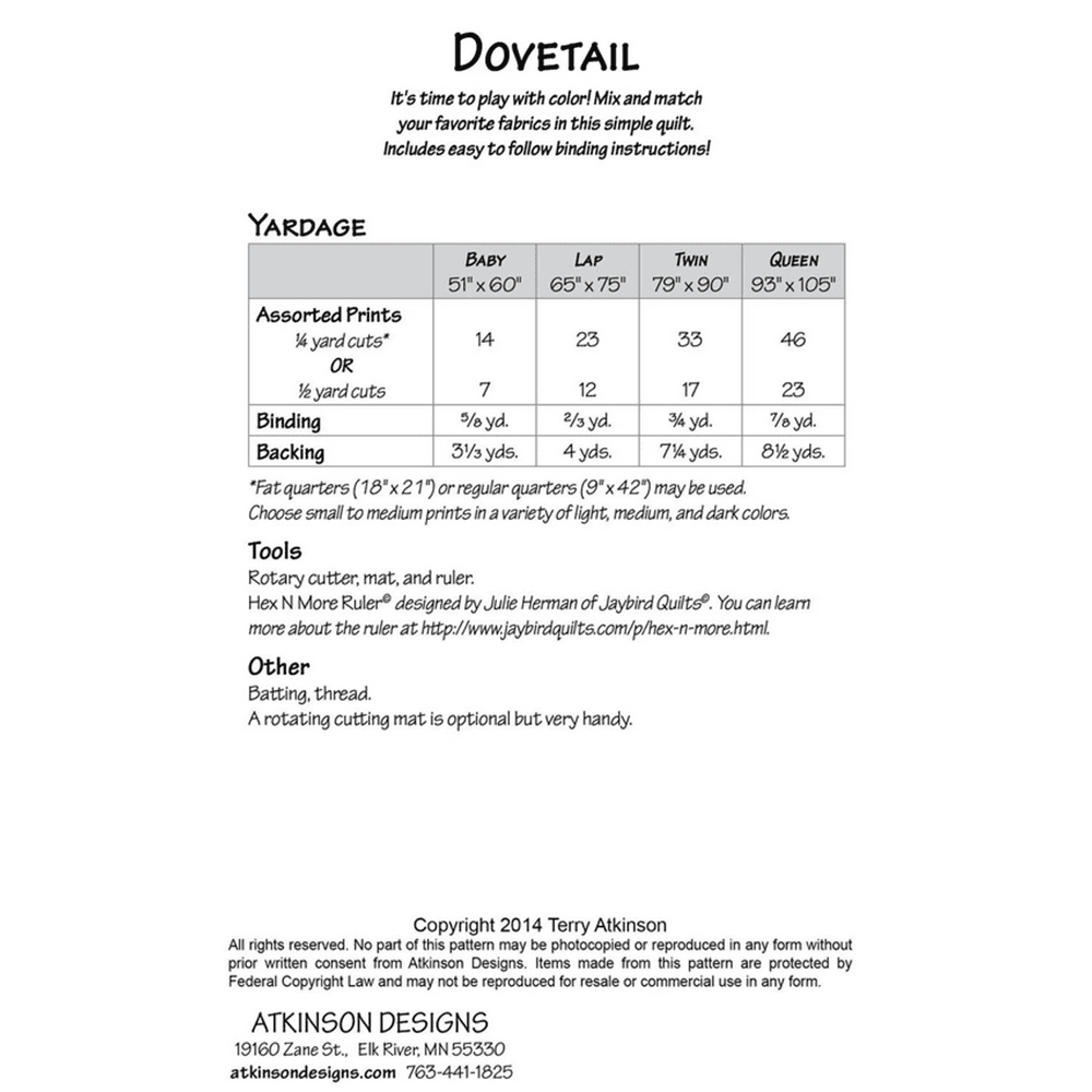 Atkinson Designs, Sewing Pattern, Dovetail Quilt